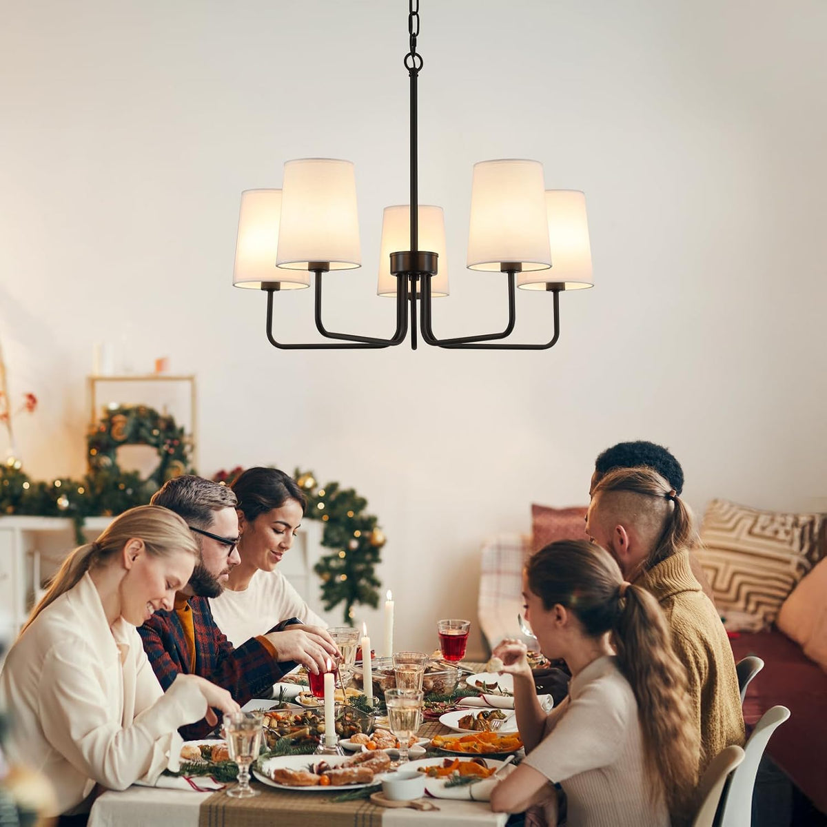 Farmhouse Chandelier, Matte Black with White Fabric Shade, Farmhouse Linear I...