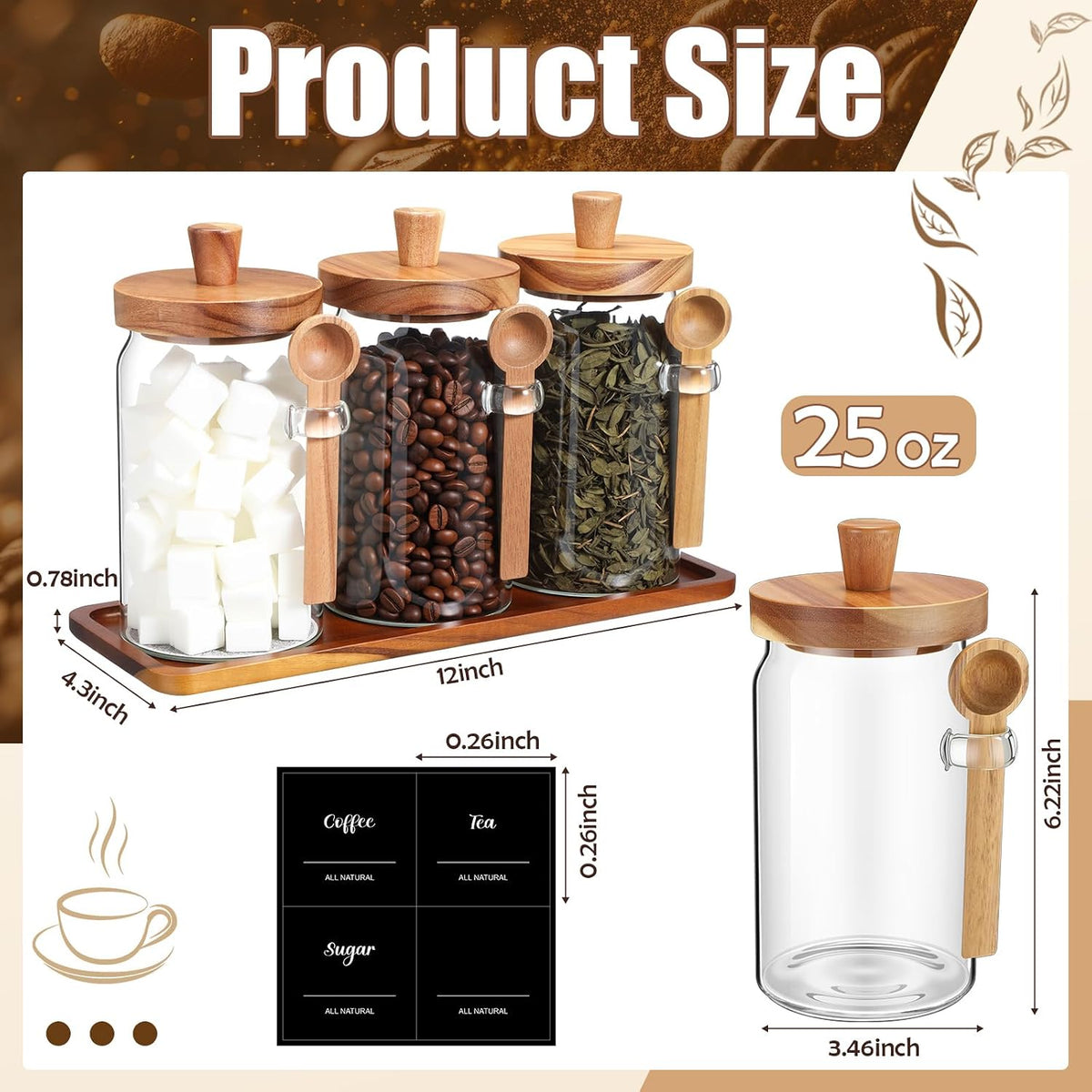 3 Pcs Glass Coffee Container Set, 25 oz, Acacia Brown