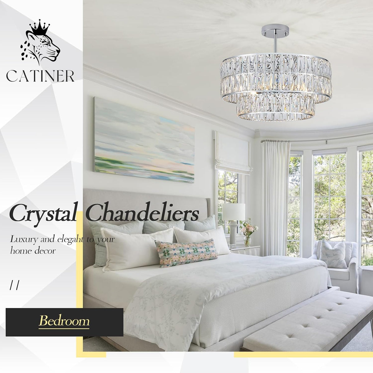Chrome Crystal Chandelier 20" 6-Light Modern Semi Flush Pendant