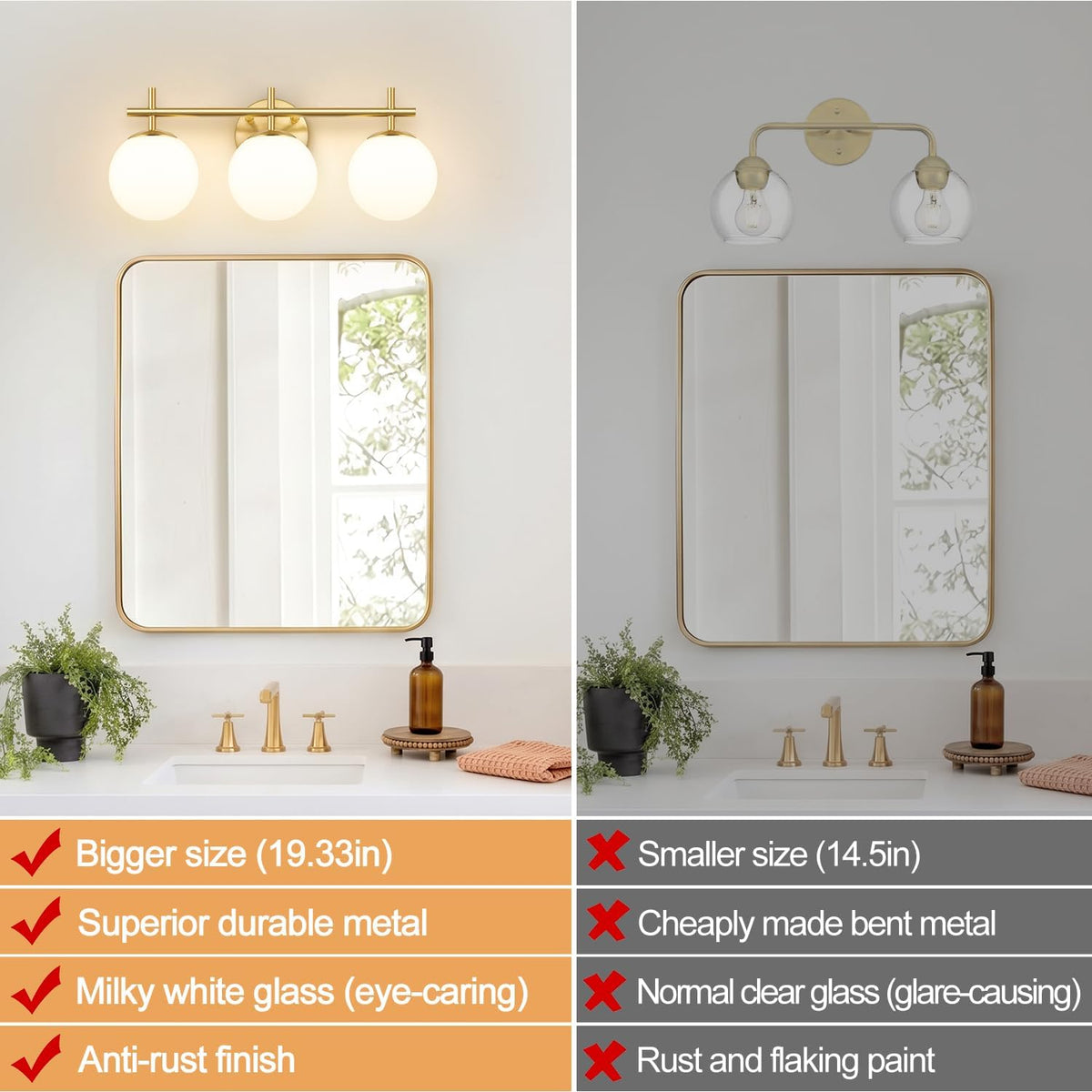 3-Light Bathroom Light Fixtures, Brushed Gold Vanity Lights for Bathroom with...