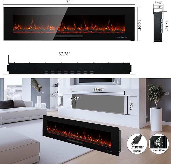 72" Electric Fireplace, Recessed & Wall Mounted Fireplace Heater 13 ...