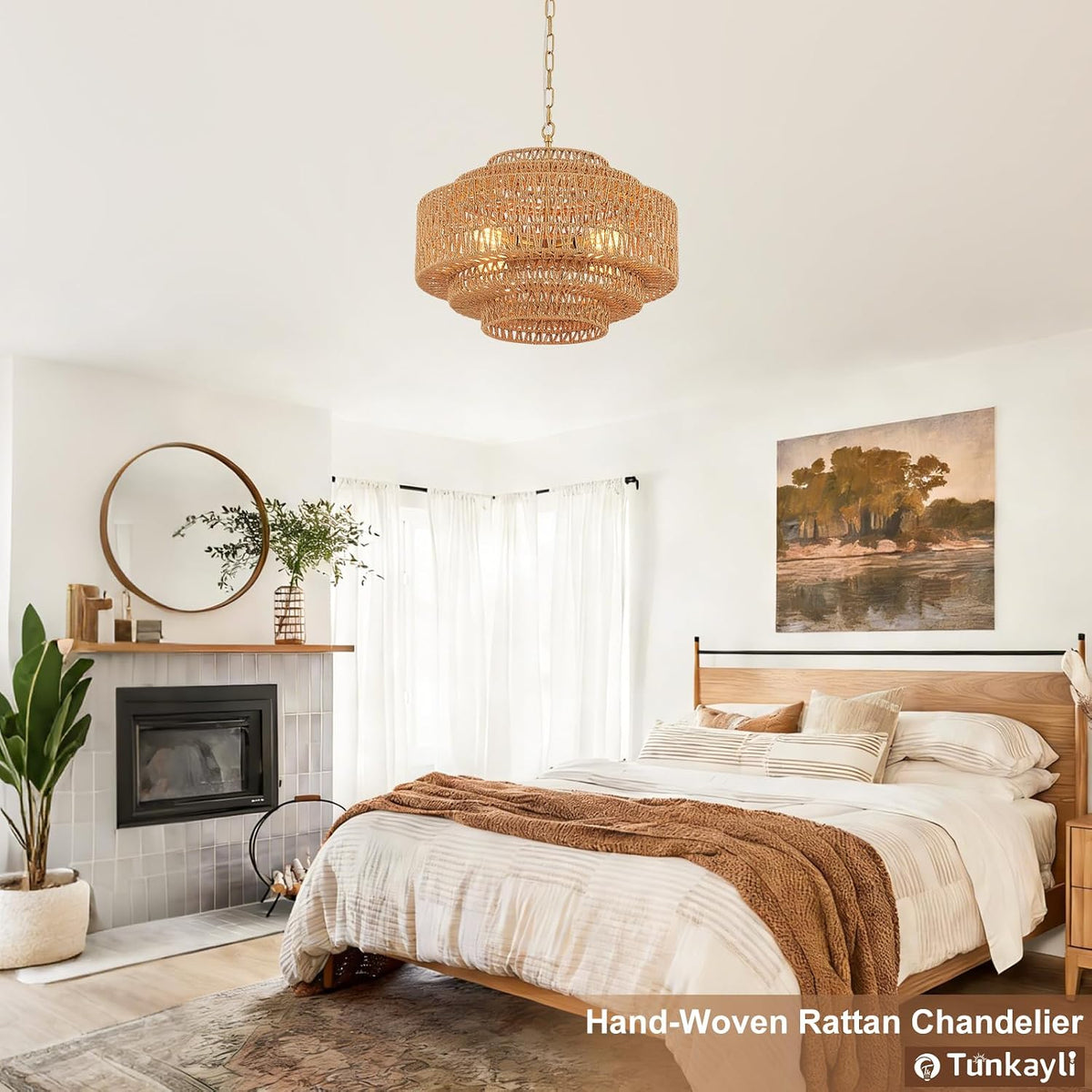 19.68" Gold Rattan Chandelier, 5-Tier Handwoven Wicker Fixture