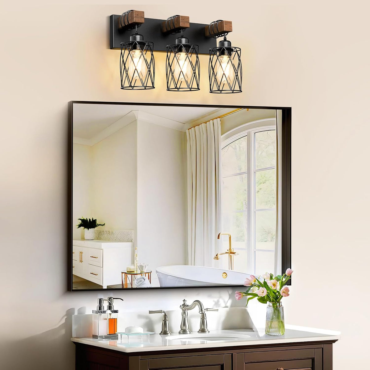 IZORRO Farmhouse Bathroom Vanity Light, 3-Light Wood Bathroom Light Fixtures ...