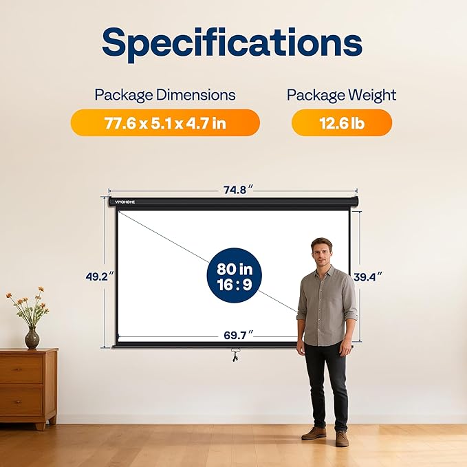 VIVOHOME 80 Inch 16:9 Pull Down Projector Screen, HD 4K Retractable Movie Screen