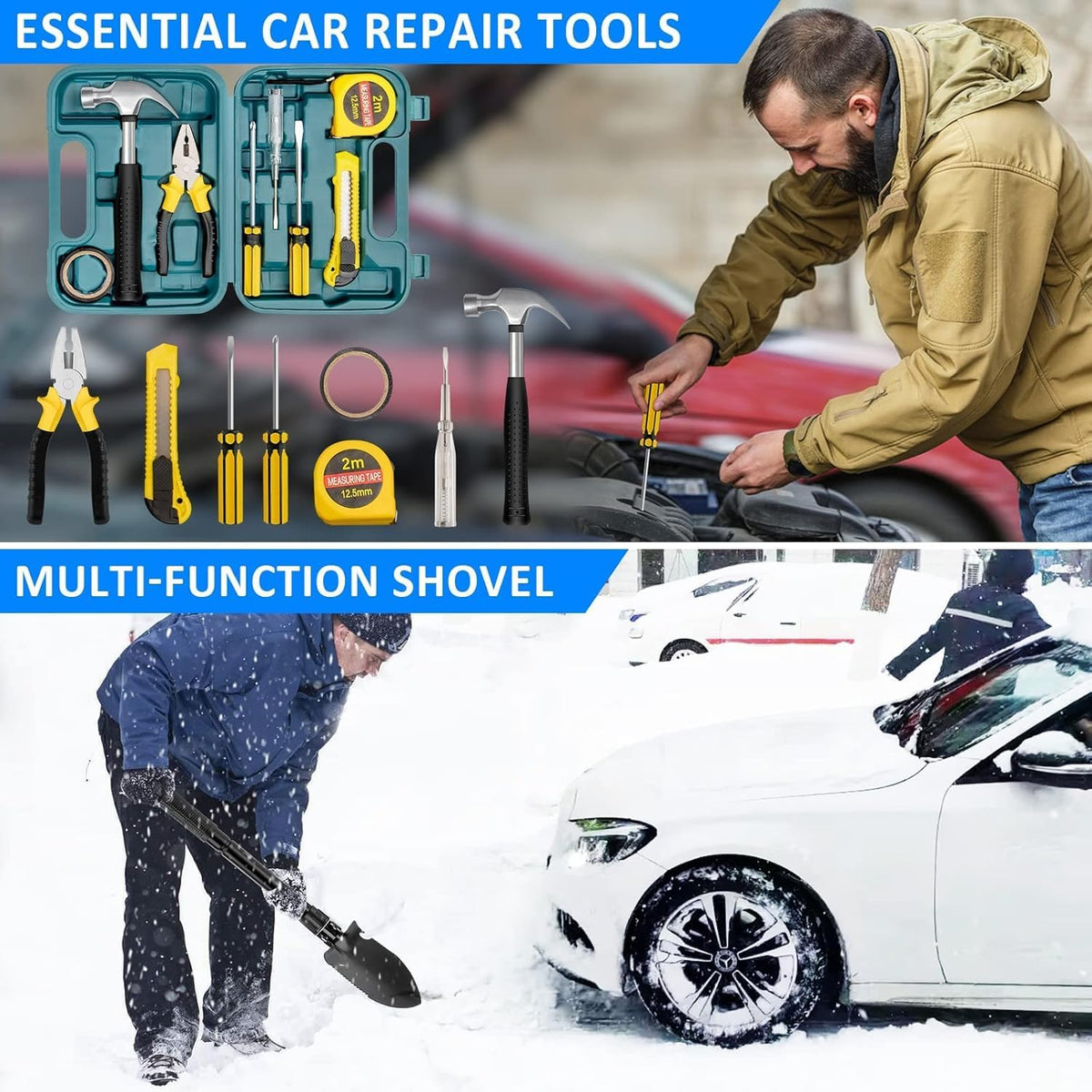 Emergency Car Kit with Jumper Cables & Snow Shovel, Winter Roadside Assis...