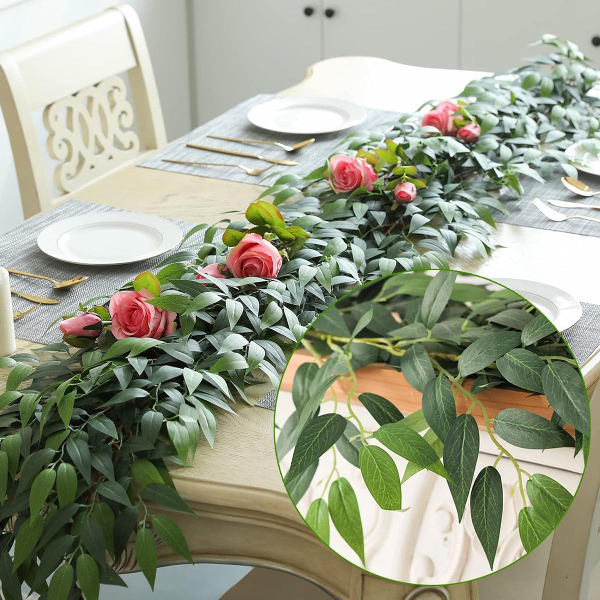 Artificial Italian Ruscus Vines, 3Pcs/75 Silk Vine Garland with Green Leaves,...