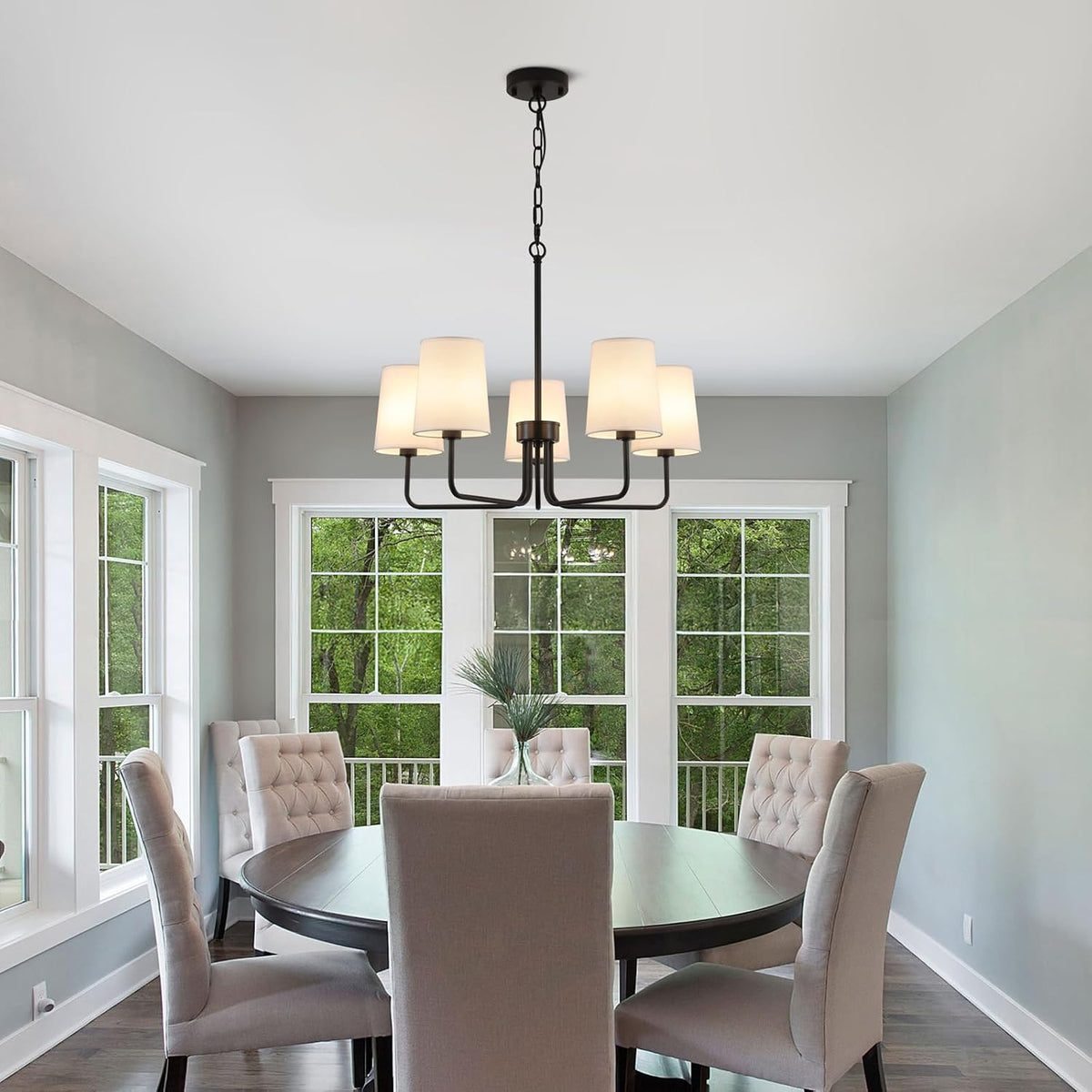 Farmhouse Chandelier, Matte Black with White Fabric Shade, Farmhouse Linear I...