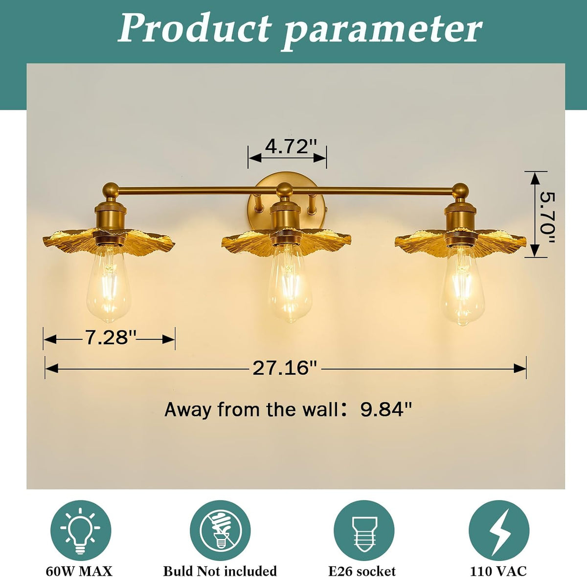 3 Light Vintage Vanity Light Gold Bathroom Light Fixtures Over Mirror.