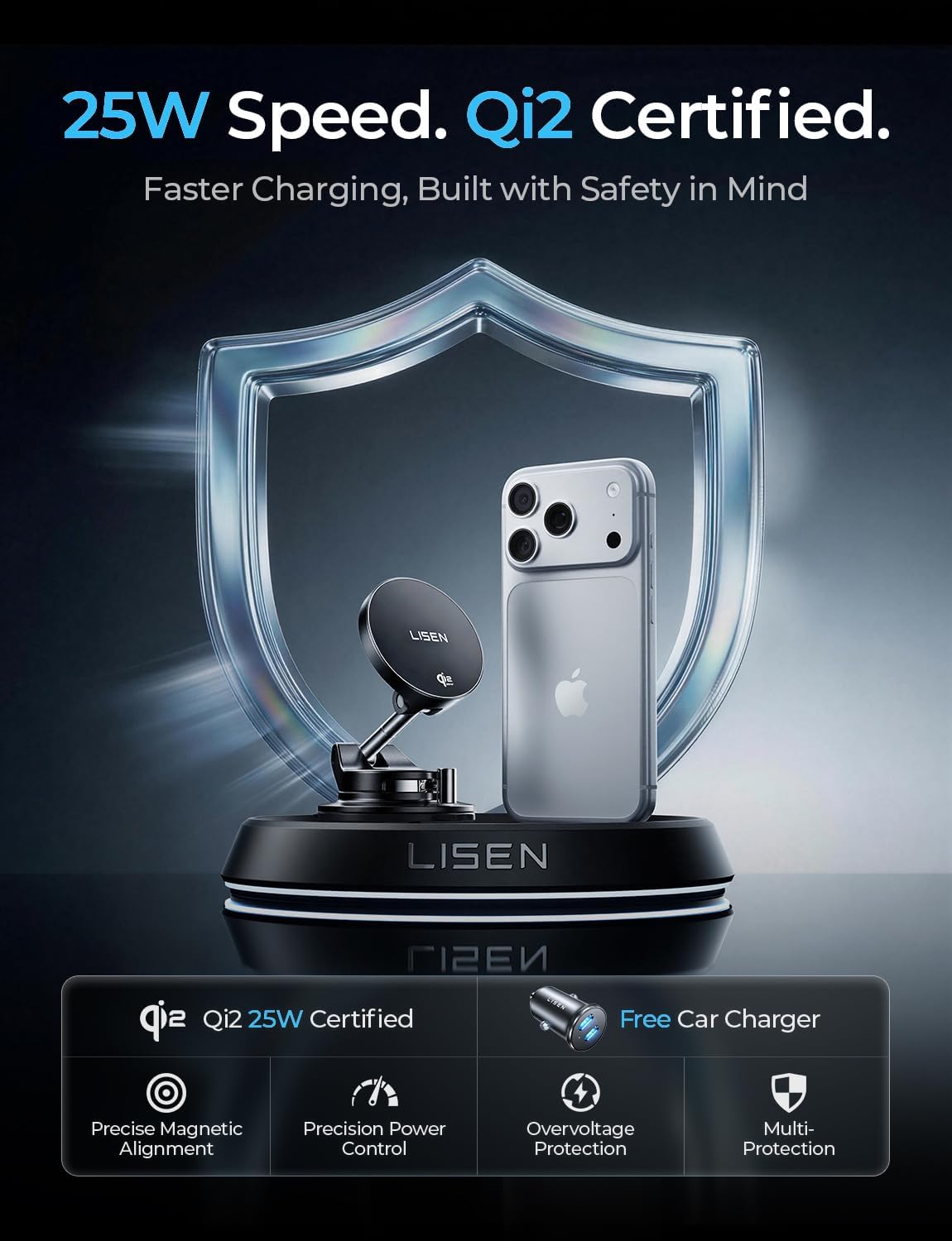 LISEN Qi2.2 25W MagSafe Car Mount Charger, Magnetic Wireless Car Charger