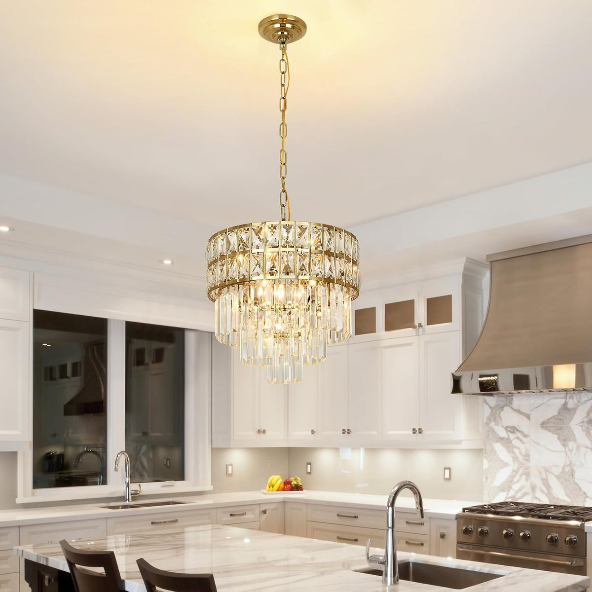 Modern Crystal Chandelier Gold Pendant, Round Crystal Light Fixture Hanging L...