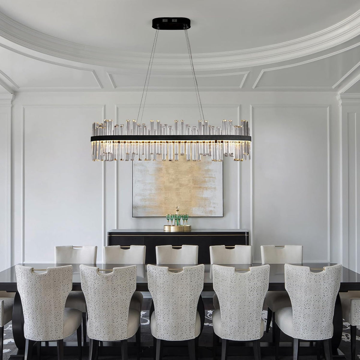 Black Led Modern Crystal Chandelier,Rectangle Chandeliers for Dining Room