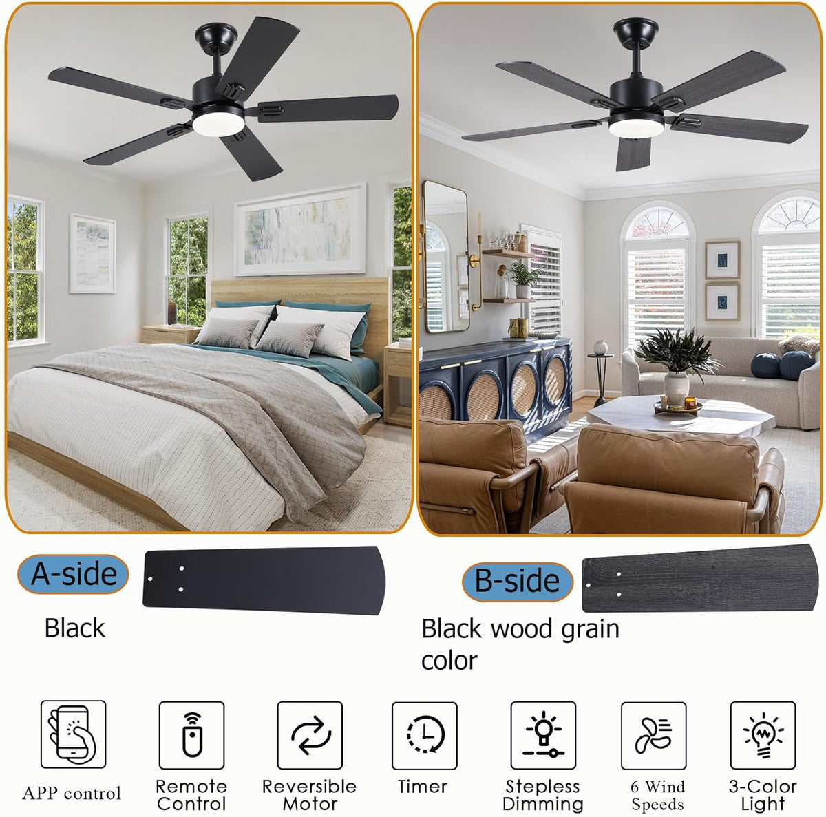 FUMLTP 46inch Modern Ceiling Fans with Lights APP/Remote Control, Black