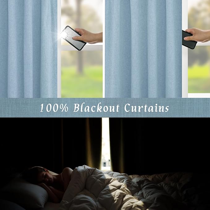 LAMIT Stone Blue 100% Blackout Linen Curtains, 84 Inch Linen Textured Living