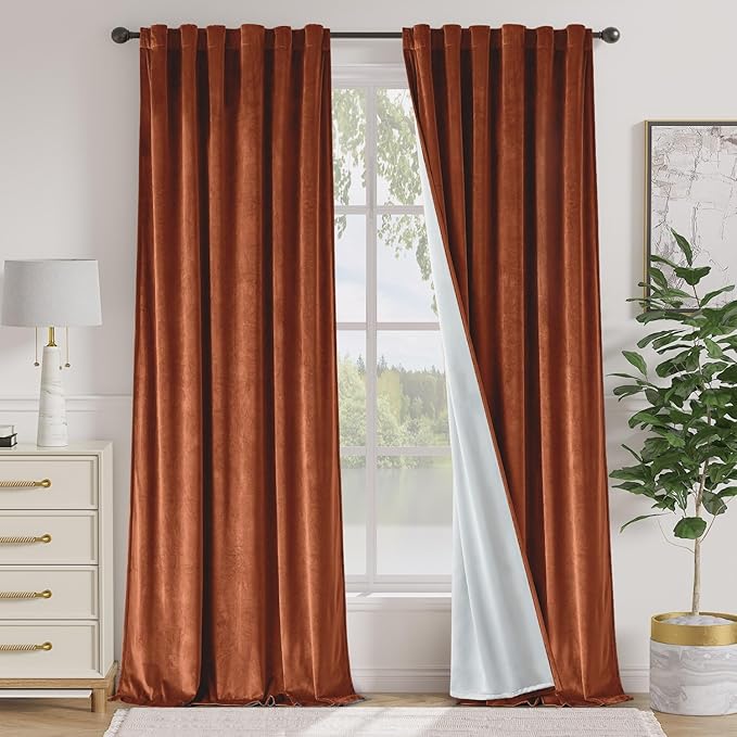 Lazzzy Burnt Orange Blackout Velvet Curtains 96 Inches Long Thermal Insulated
