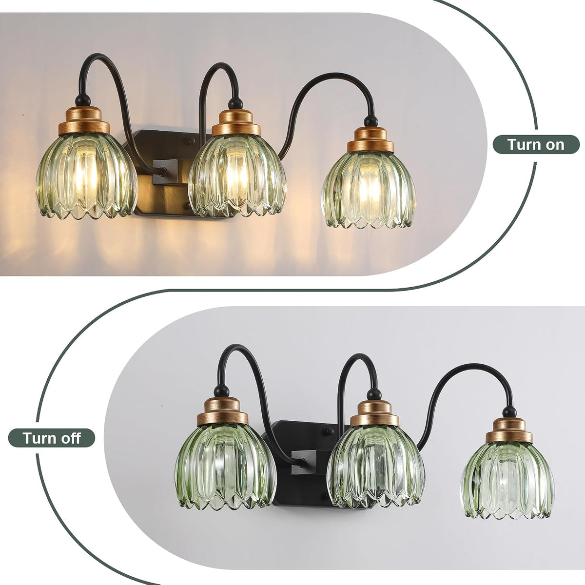Vintage Gold Bathroom Light Fixtures,3 Light Green Tulip Crystal
