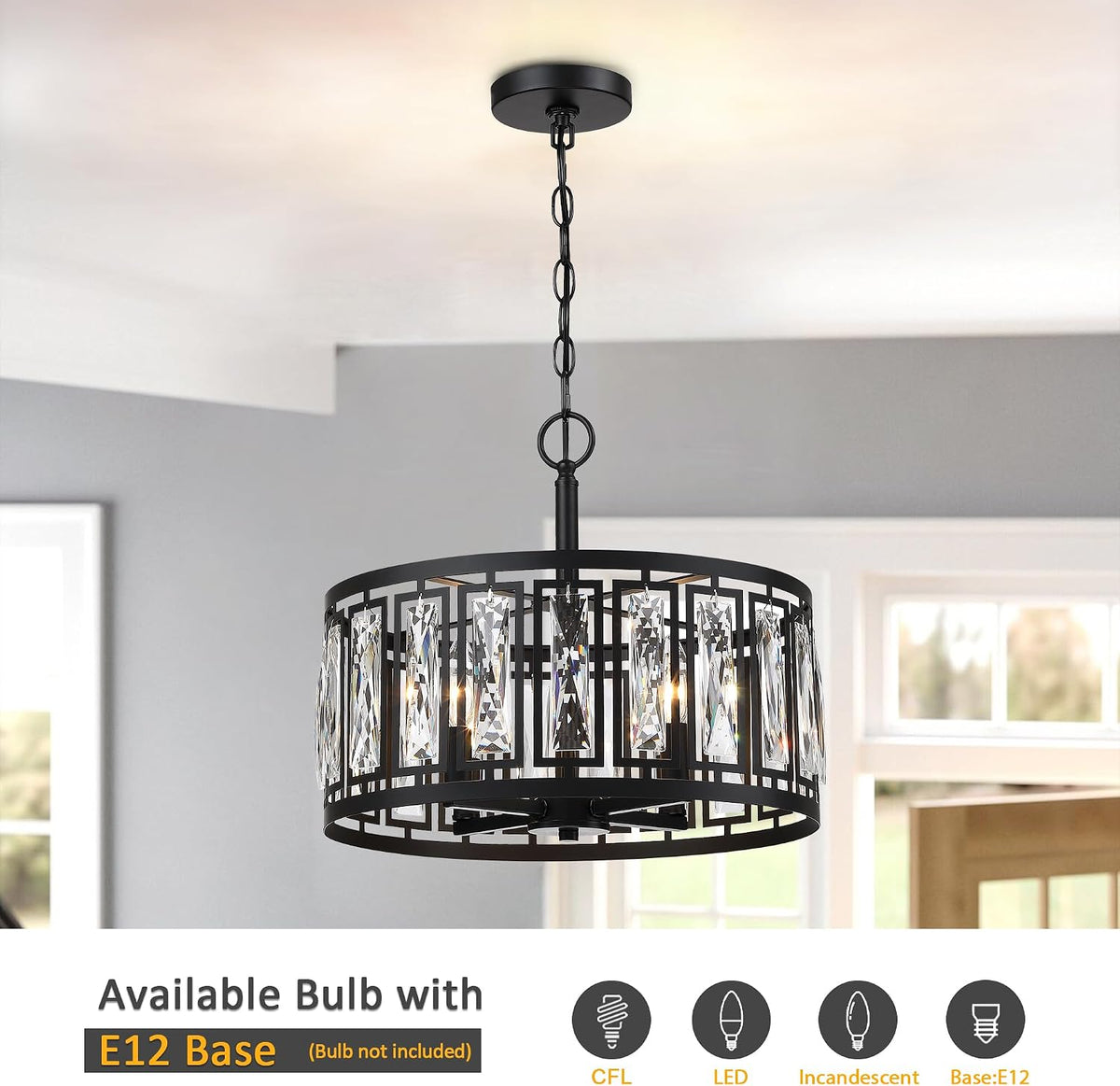 Modern Black Crystal Chandeliers for Dining Room, 4 Lights Pendant Lighting