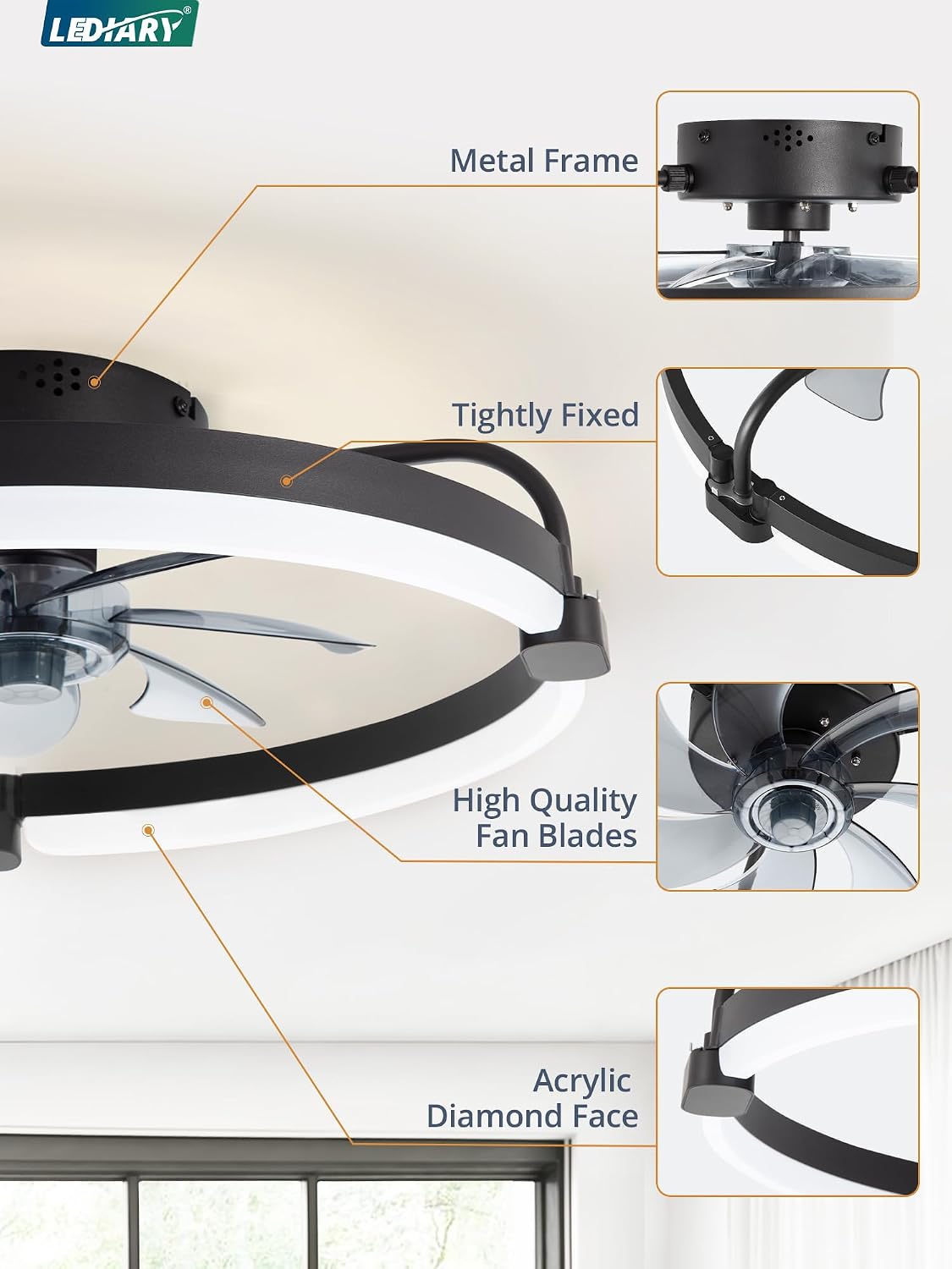 LEDIARY 20" Ceiling Fans with Lights and Remote, Low Profile Led Fan Light