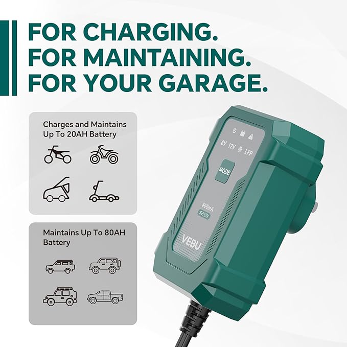 VEBU Motorcycle Trickle Charger 800mA Smart Battery Charger & Maintainer