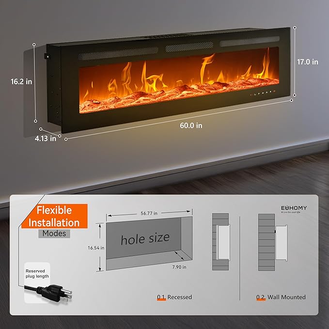 EUHOMY 60 Inch Electric Fireplace Wall Recessed and Wall Mounted