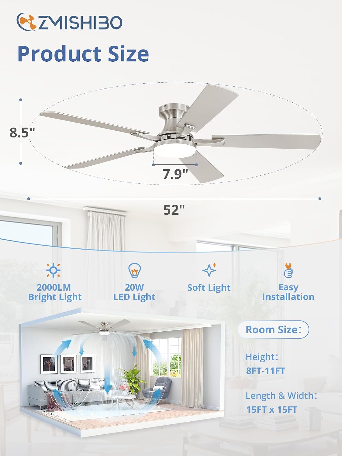 ZMISHIBO 52 Inch Ceiling Fans with Lights, Remote&App Control, Flush Mount