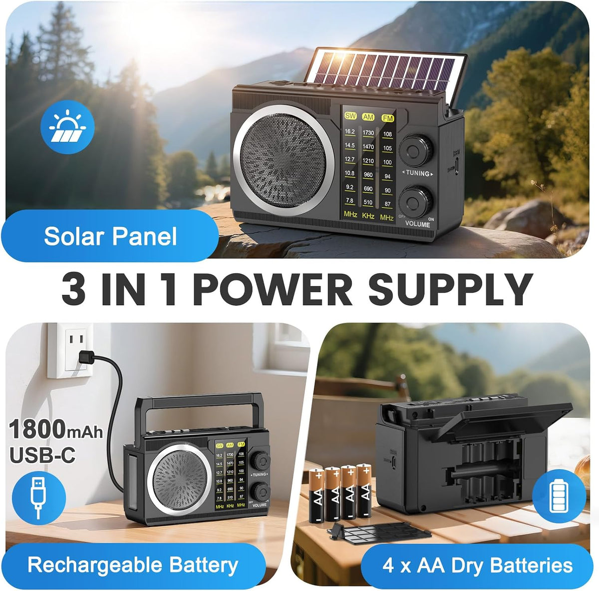 PRUNUS J-135 AM FM Radio Portable Bluetooth,Solar/AA Battery Operated