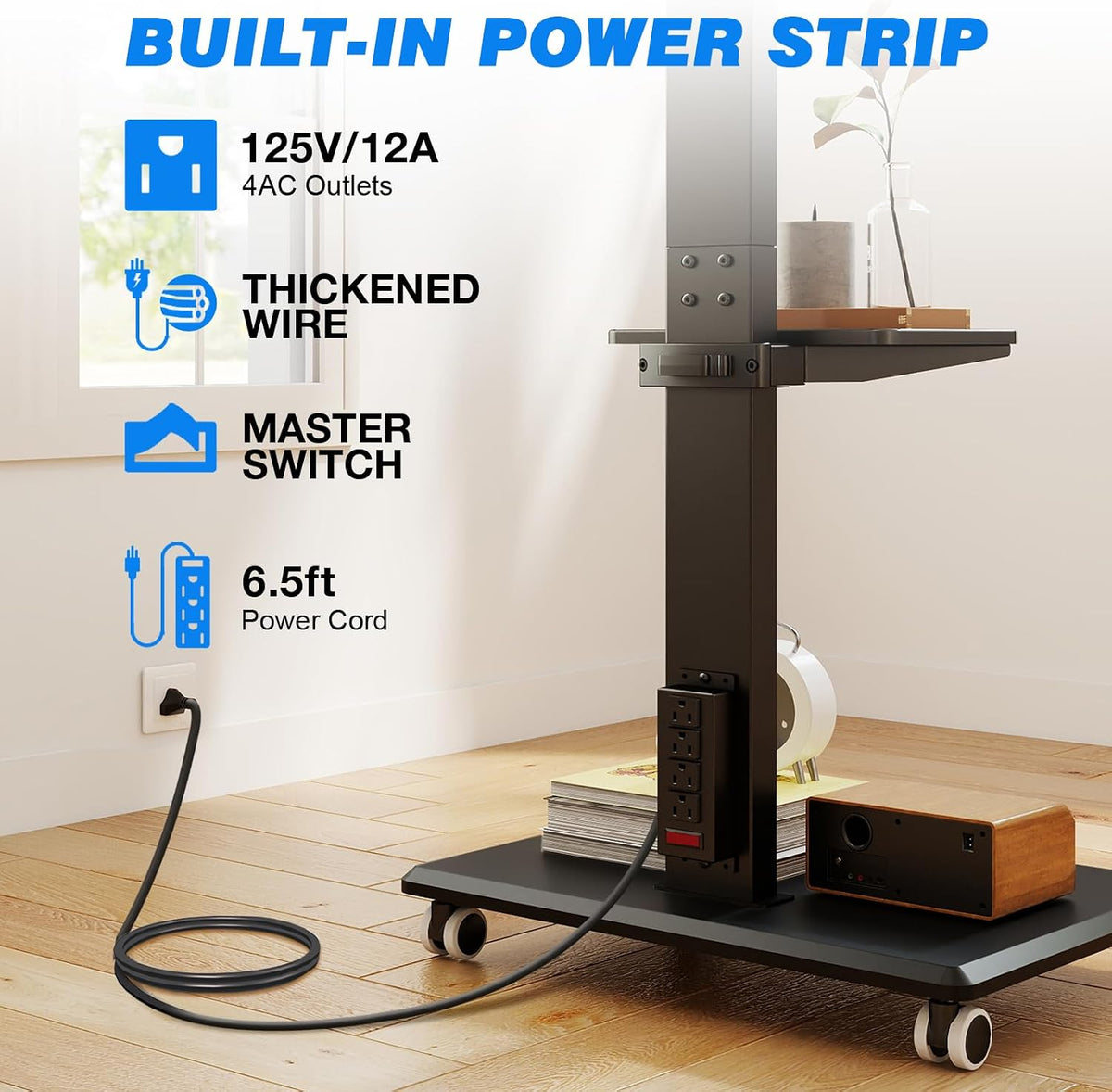 Rfiver Rolling TV Stand 32-75 Inch with Power Outlet and Shelf, Black