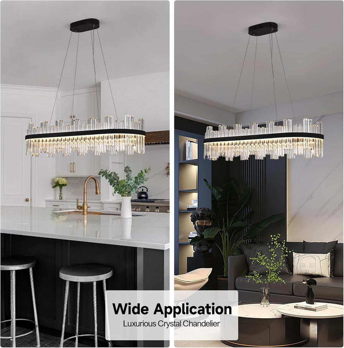 Black Led Modern Crystal Chandelier,Rectangle Chandeliers for Dining Room
