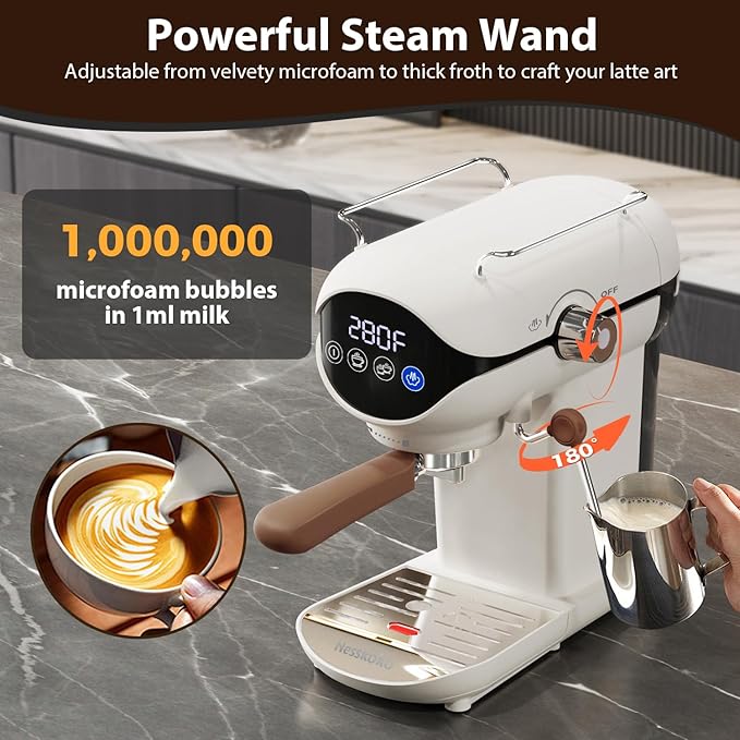 Espresso Machine with Steam Milk Frother Semi Automatic 20 Bar Compact White