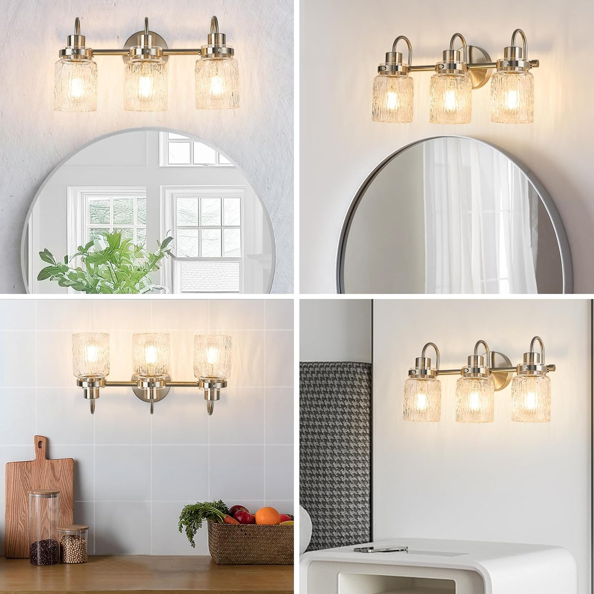3 Lights Hammered Glass Bathroom Vanity Light,Brushed Nickel