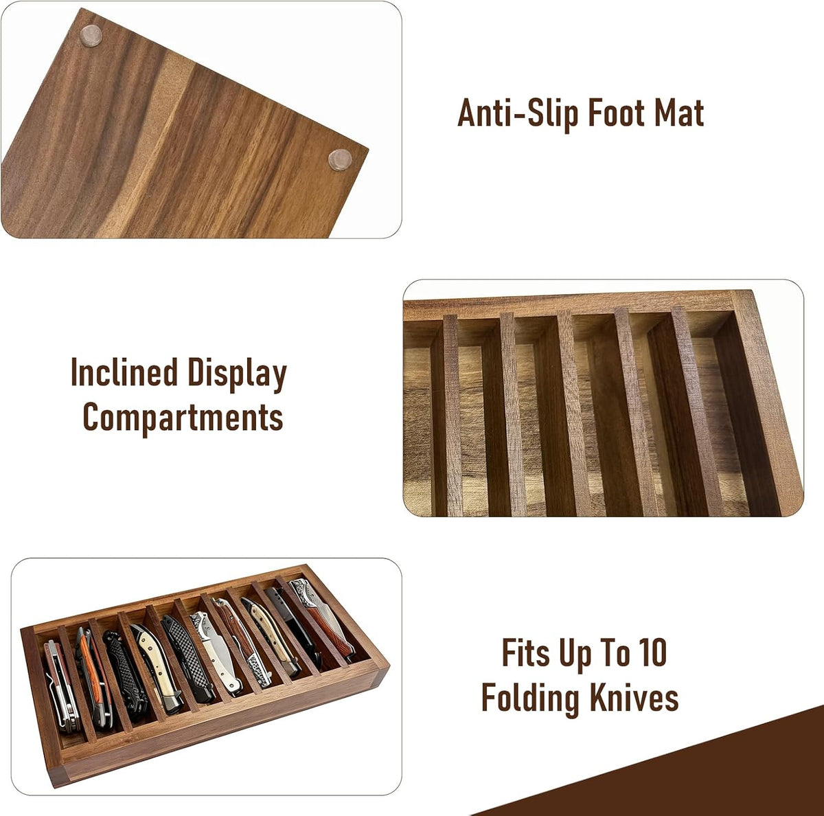 Acacia Wooden Knife Display Case 10 Slot EDC Tray Storage Organizer