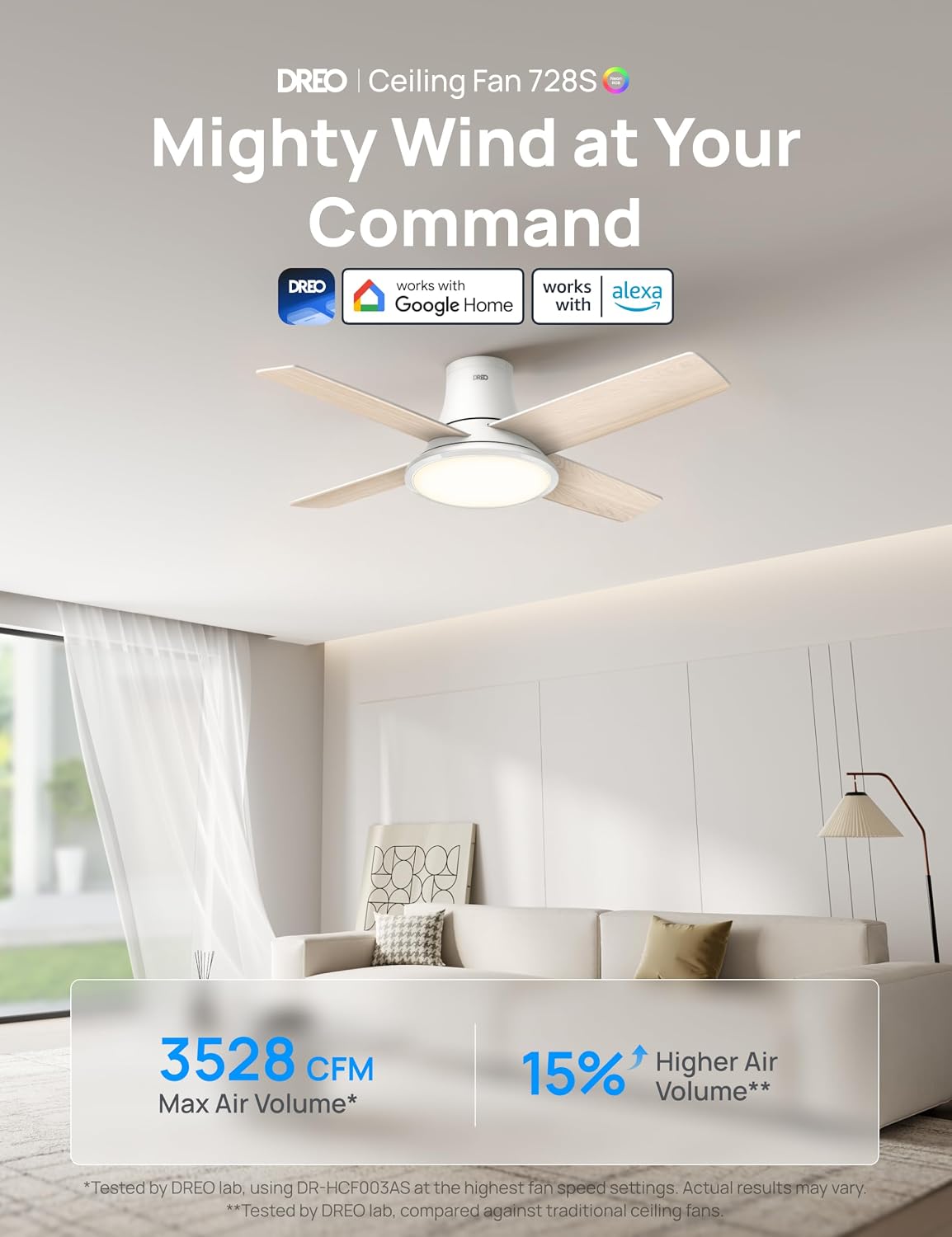DREO Ceiling Fans with Lights, 44'', RGBIC Flush Mount Smart Ceiling Fan