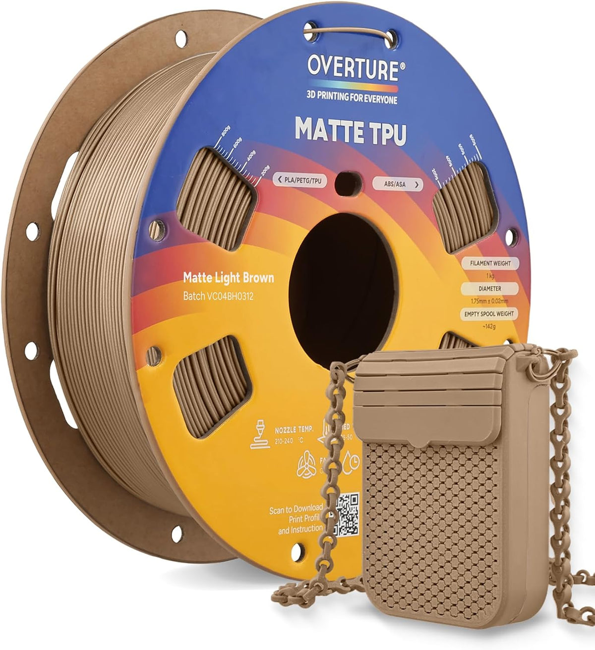 OVERTURE High Speed Matte TPU Filament 95A 1.75mm, 1kg Matte Light Brown