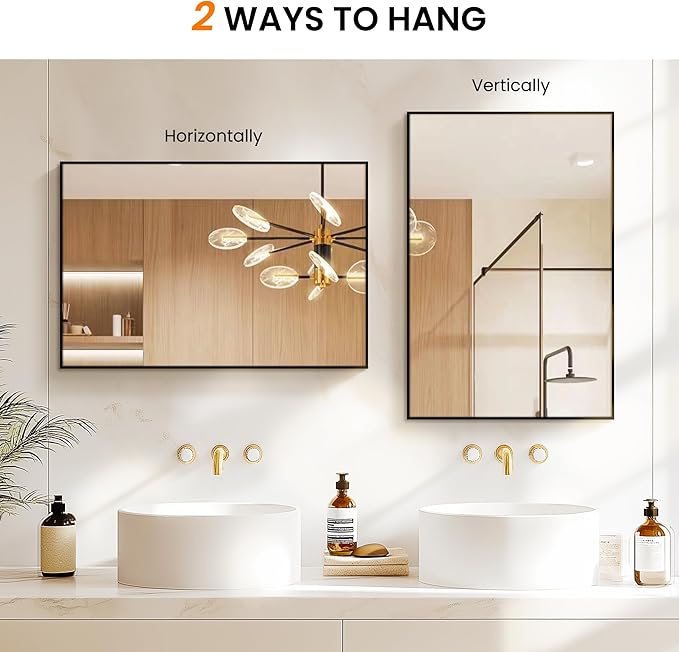 Bathroom Vanity Mirror for Wall, HD Shatterproof Glass, Hangs Horizontally or