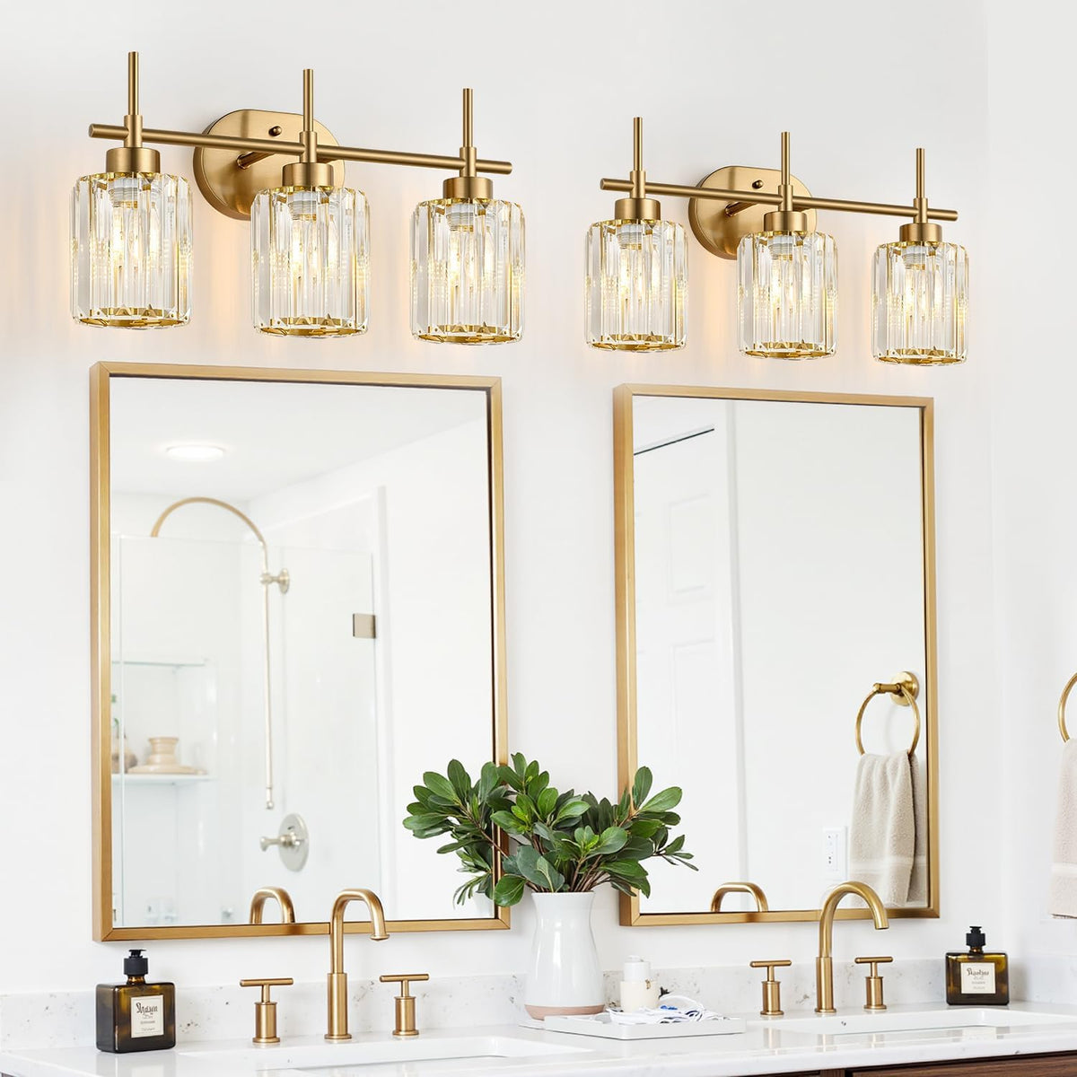 Modern Crystal Bathroom Vanity Light, 3-Light Brushed Gold Bathroom Light Fix...