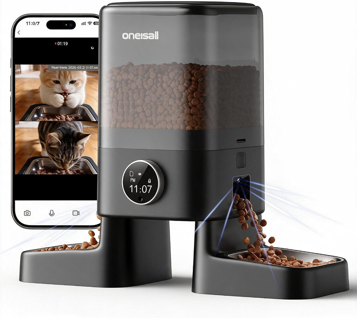 oneisall Automatic Cat Feeder with Camera for 2 Cats Pets, 20 Cups/5L