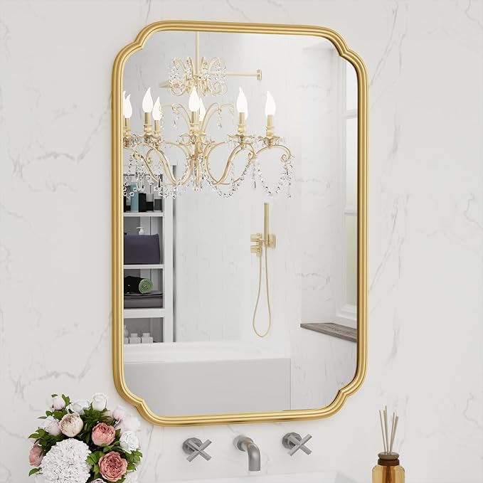 Gold Bathroom Vanity Mirror for Wall 24" x 36" Modern Rounded Recta...