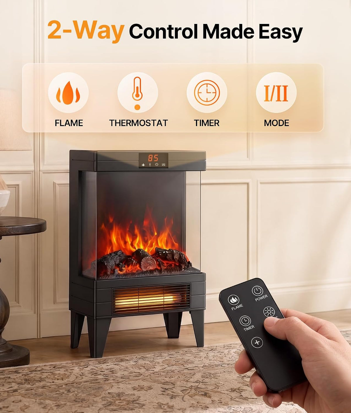 Electric Fireplace Stove Heater with Dual Heat & 3D Flame, 1500W