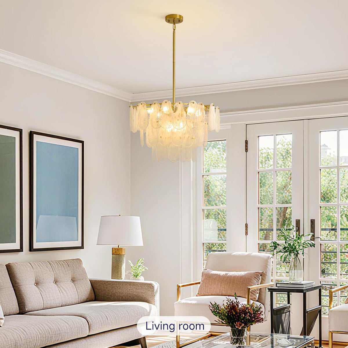 Brushed Gold Cloud Glass Chandelier, 23.6" Modern Dining Room Light Fixture