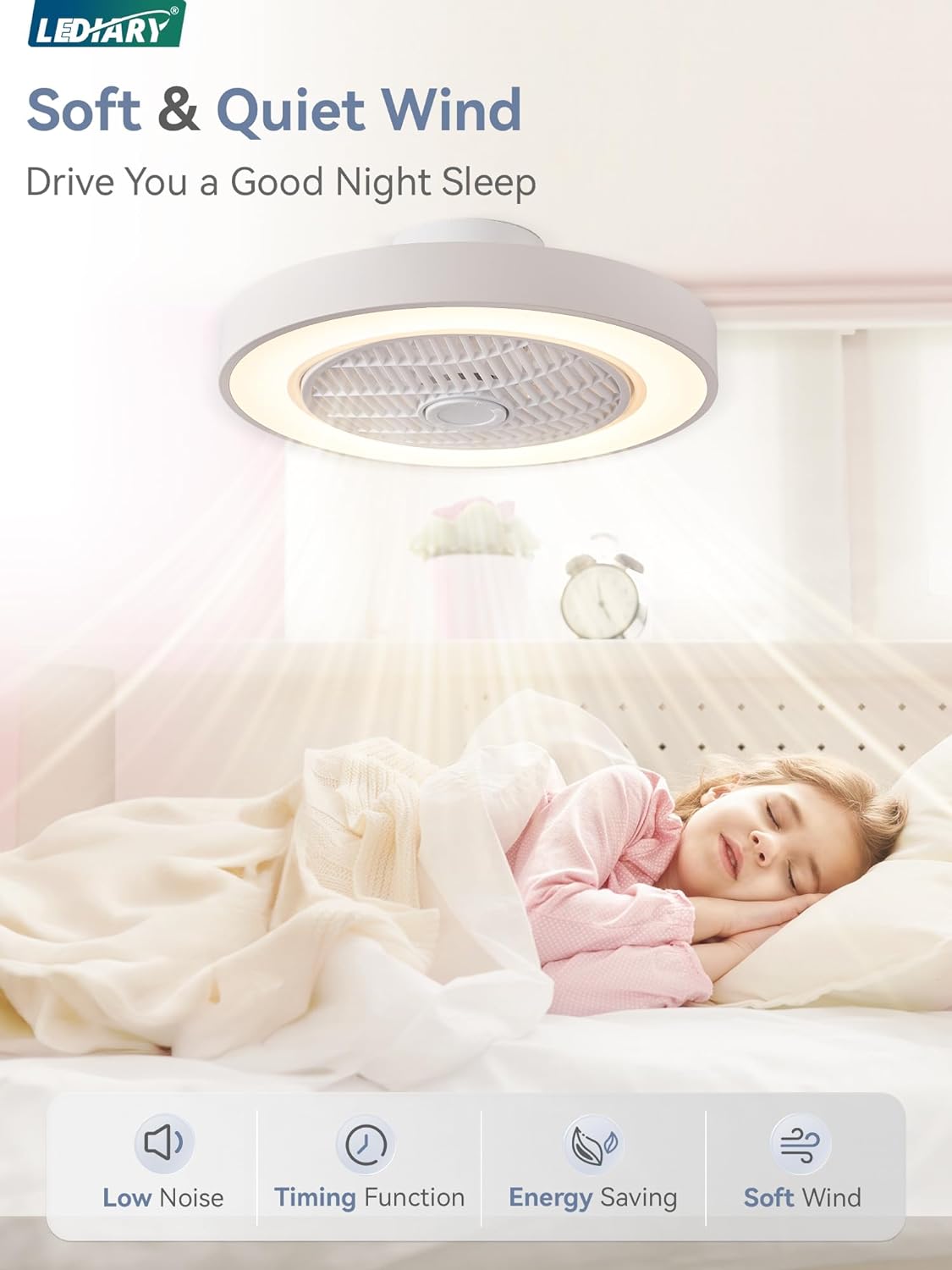 LEDIARY 20 Inch Low Profile Bladeless Enclosed LED Ceiling Fan Light, White
