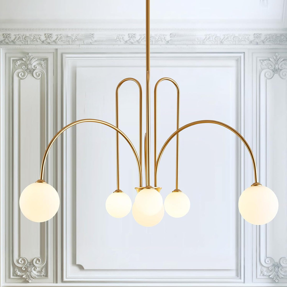 CATINER Modern 40" 6-Light Gold Sputnik Chandelier with Milk Glass Globe