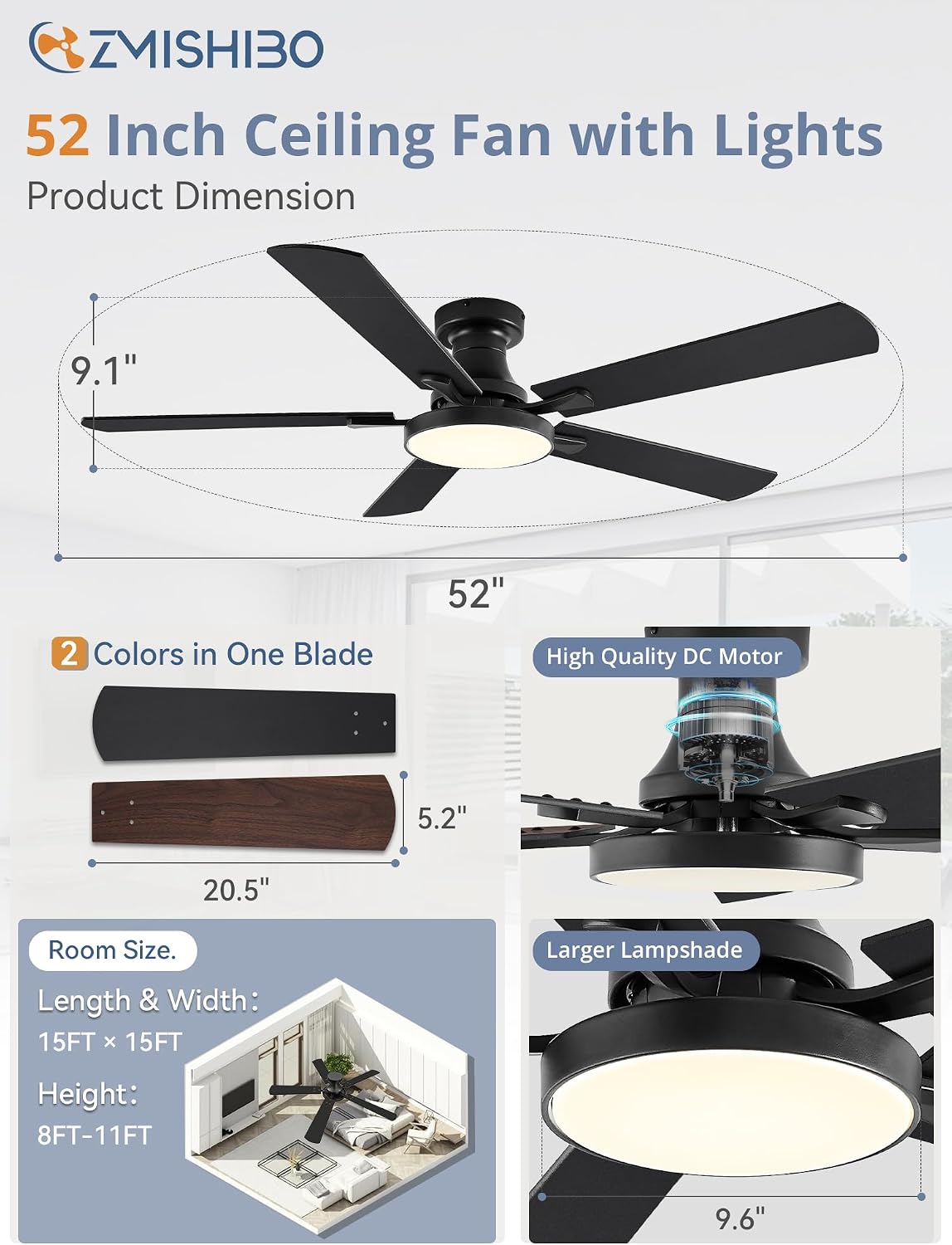 ZMISHIBO 52 Inch Flush Mount Ceiling Fan with Light, Remote&APP, Black