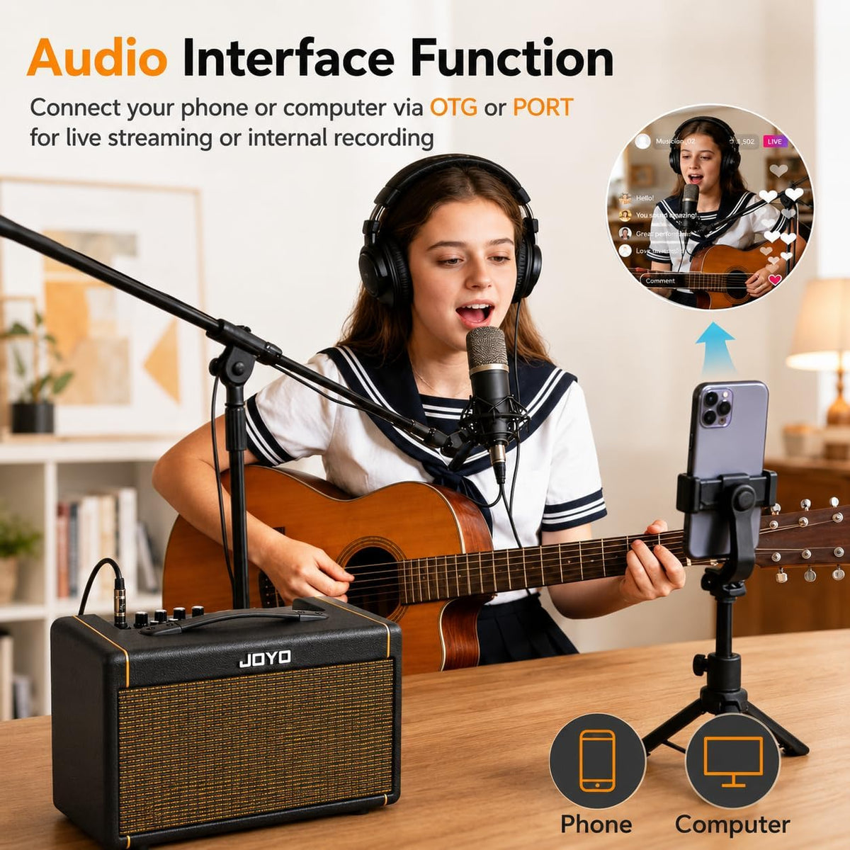 JOYO 20W Acoustic Guitar Amp Battery-Powered Portable Stereo Amplifier with B...