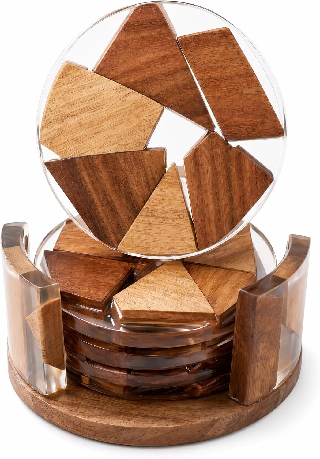 Decorative Acacia Wood Resin Coasters 4 Pack with Holder 4 Inch