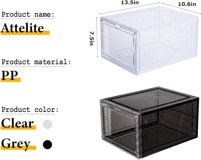 Attelite Shoe Box, Stackable Plastic Clear Shoe Box Organizer (6 Pack)