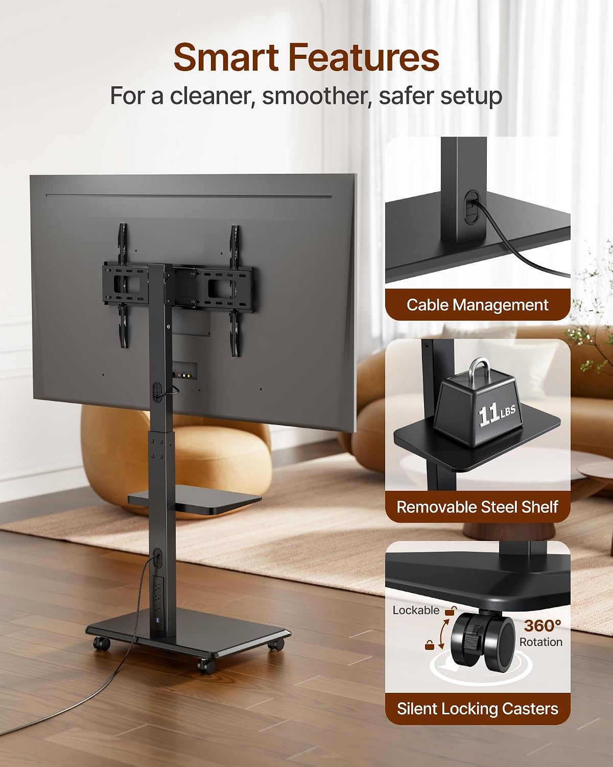 Steel Base Rolling TV Stand with Power Outlet for 32-75 inch TVs,BL
