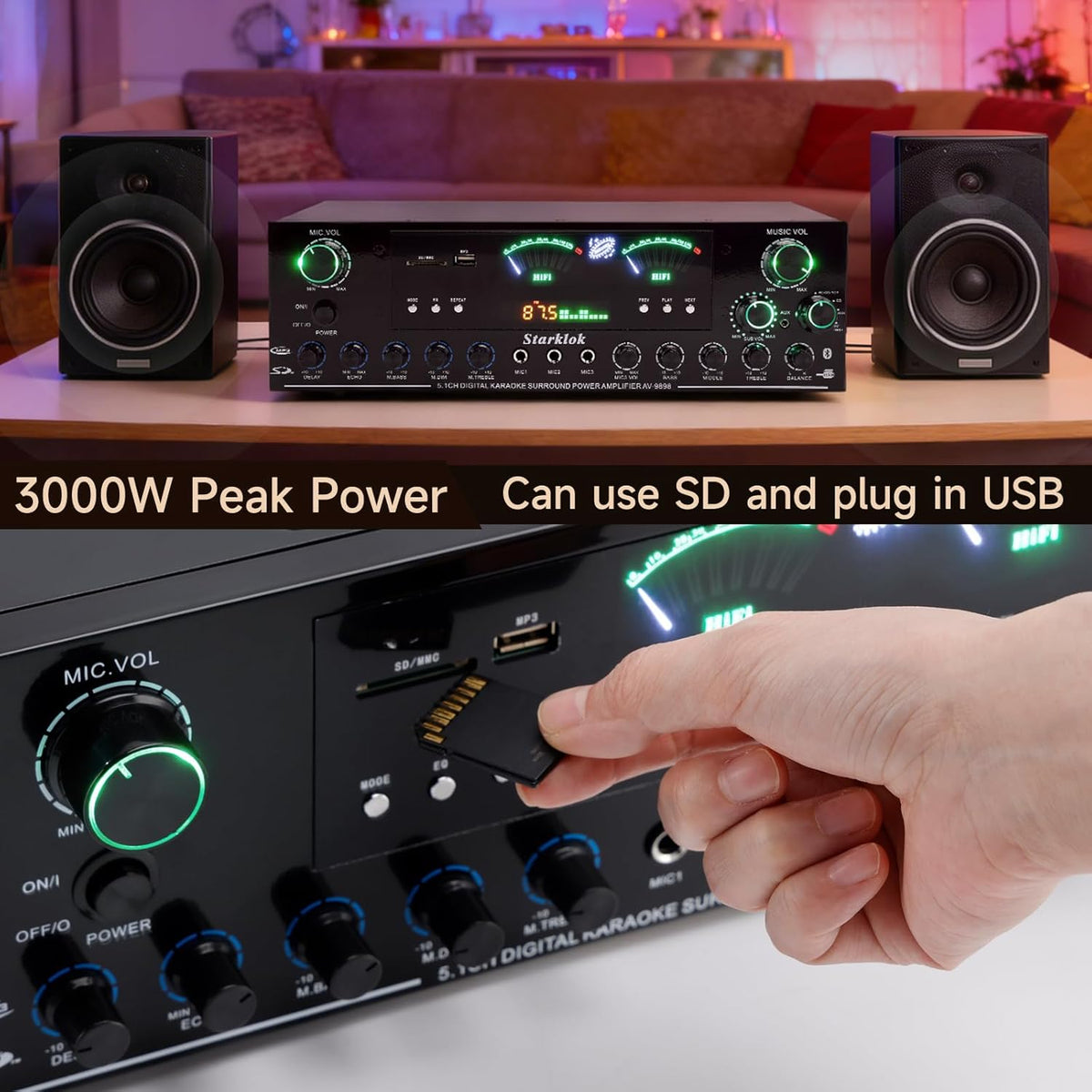 3000W Peak 5.1-Channel Home Audio Power Amplifier – HiFi Stereo Amplifier wit...