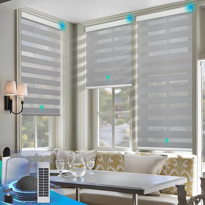 DENFOON Motorized Zebra Blinds, Solar Powered Dual Layer Automatic Shades