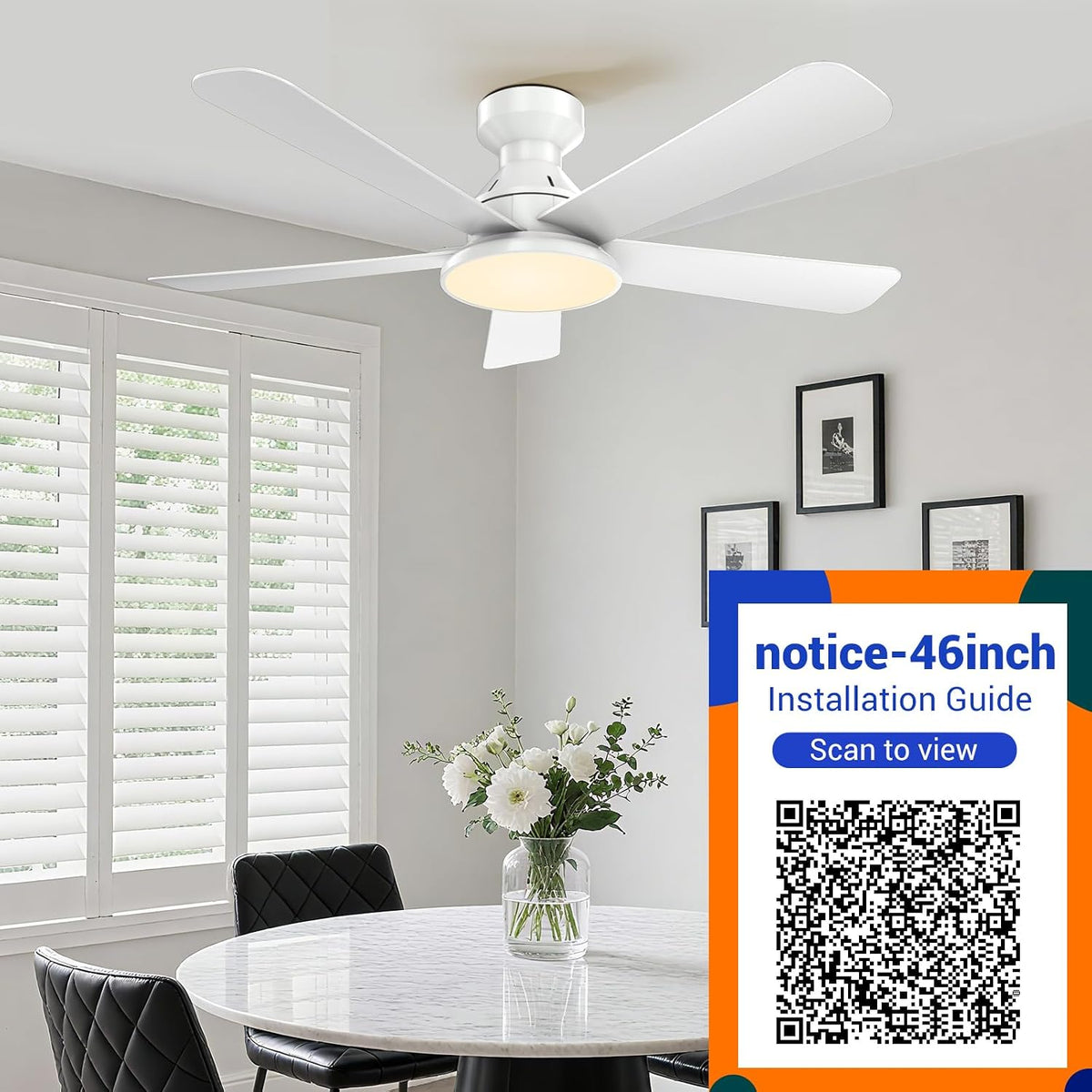46" Low Profile Ceiling Fans with Lights Flush Mount, Modern White