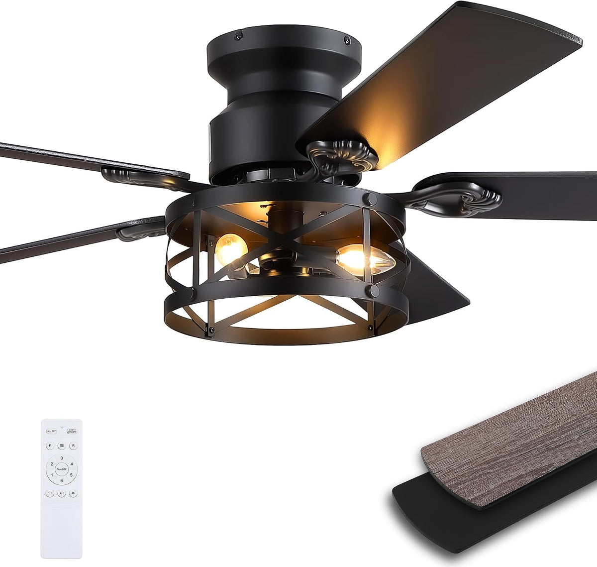 JSAITEE 52in Flush Mount Farmhouse Ceiling Fan with Lights, Caged