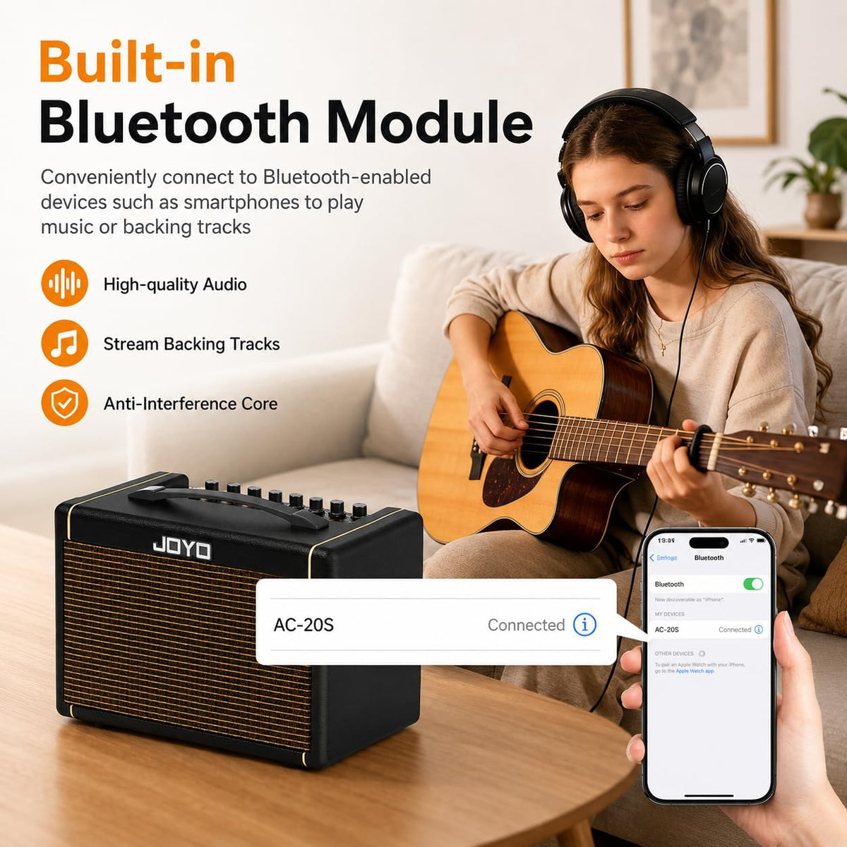 JOYO 20W Acoustic Guitar Amp Battery-Powered Portable Stereo Amplifier with B...